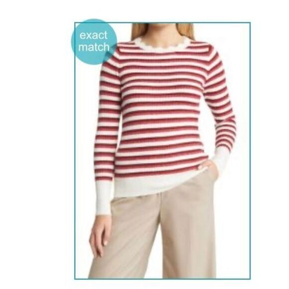 Nordstrom Red Breton Stripe Distressed Cropped Ribbed Sweater, M. French Girl - Picture 1 of 12